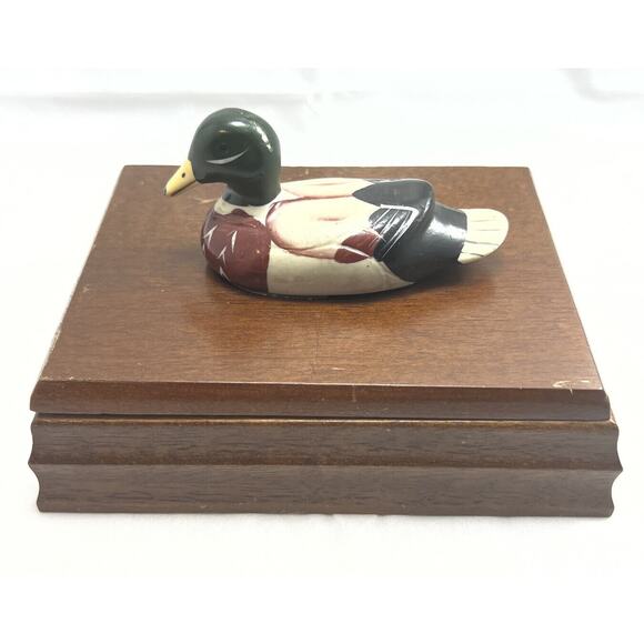 Vintage Wood Playing Card Holder Box with Ceramic Mallard Duck. *Used* - Picture 1 of 11